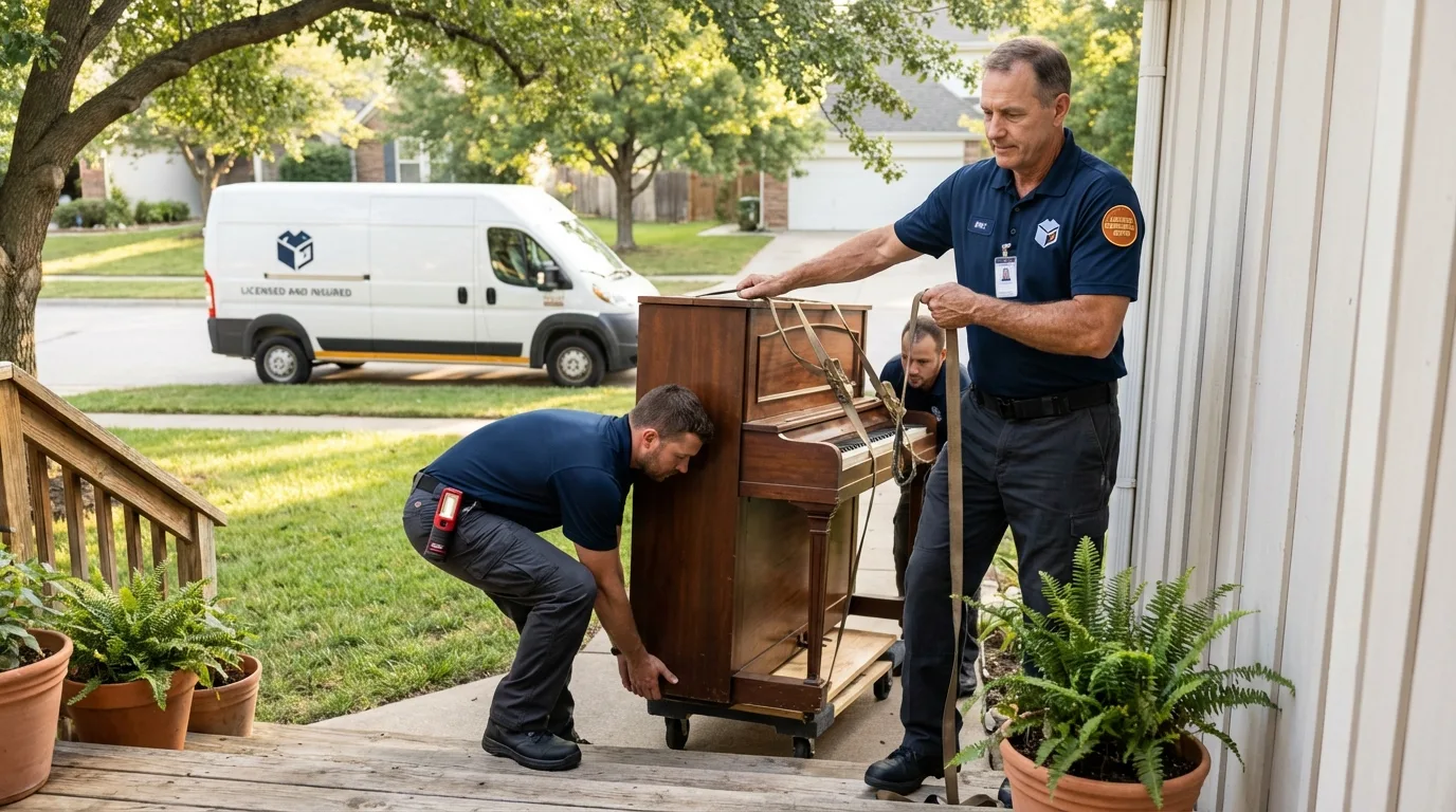 Licensed piano movers securing grand piano in Ganado, AZ