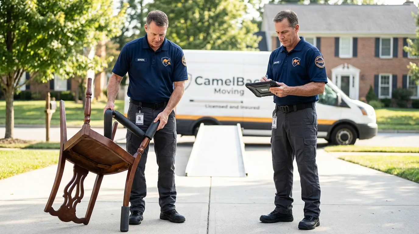 Movers inspecting furniture for damage prevention before loading in Ganado, AZ