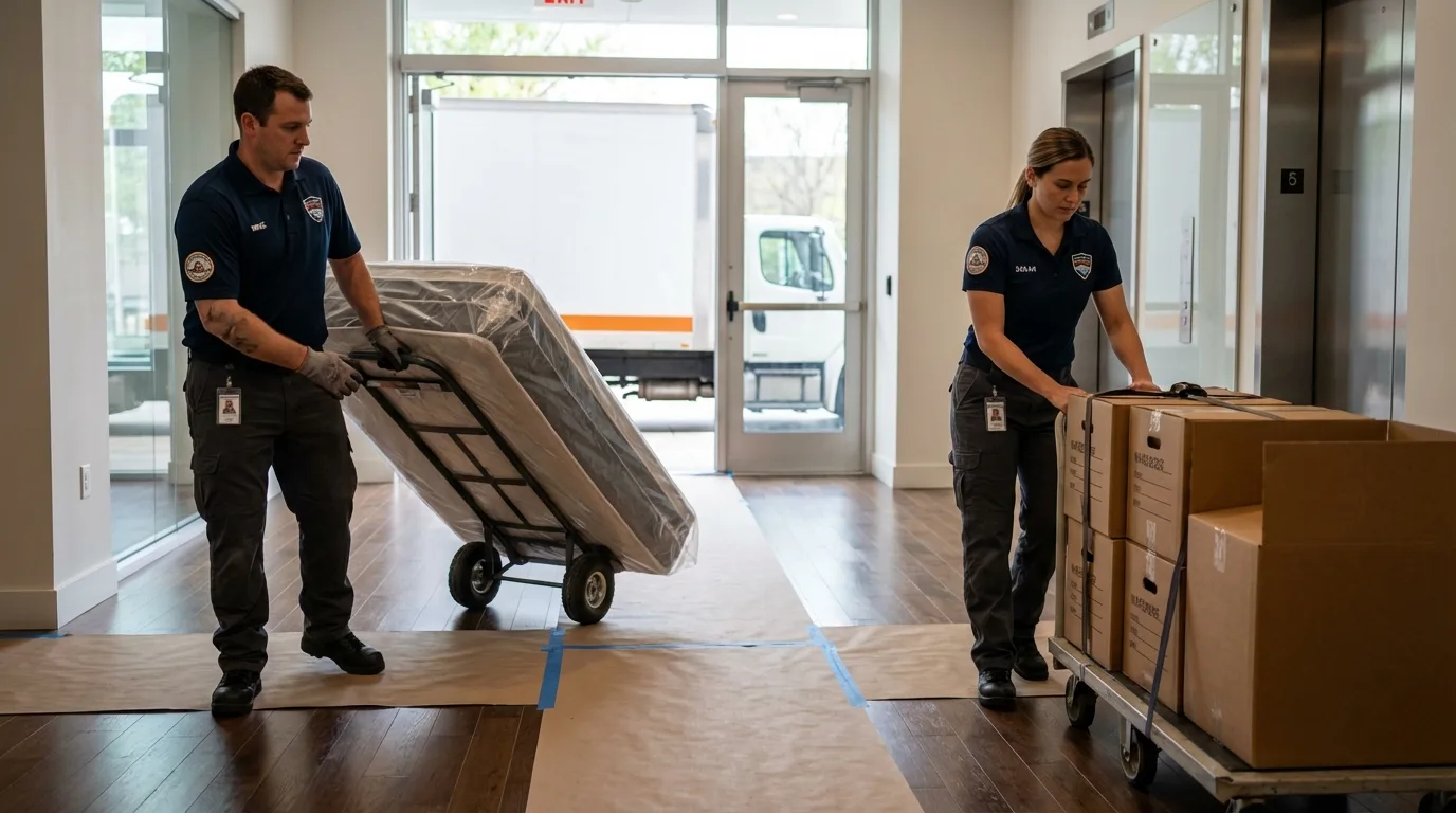 Professional apartment movers loading elevator in Ganado, AZ